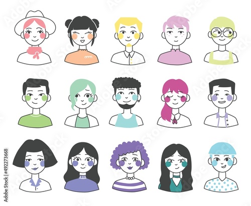 Big set of people avatars for social media, website. Doodle portraits fashionable girls and guys. Trendy hand drawn icons collection.