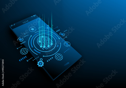 fingerprint technology with phone on blue dark background. Mobile digital biometric security smart phone system. cyber internet protection from hacker. vector illustration fantastic digial design.