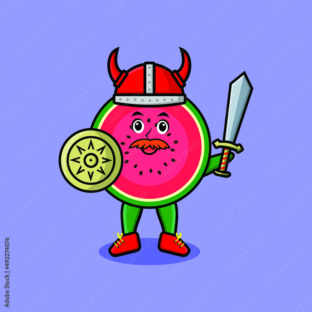 Cute cartoon character Watermelon viking pirate with hat and holding sword and shield in cute modern style design