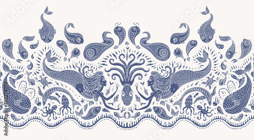 Vector Seamless border pattern. Fantasy mermaid, octopus, fish, sea animals blue silhouette thin line drawing with ornaments on a beige background