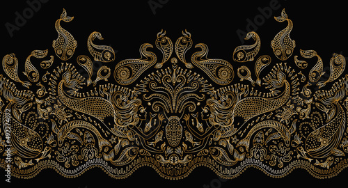 Vector Seamless gold border pattern. Fantasy mermaid, octopus, fish, sea animals golden contour thin line drawing with ornaments on a black background