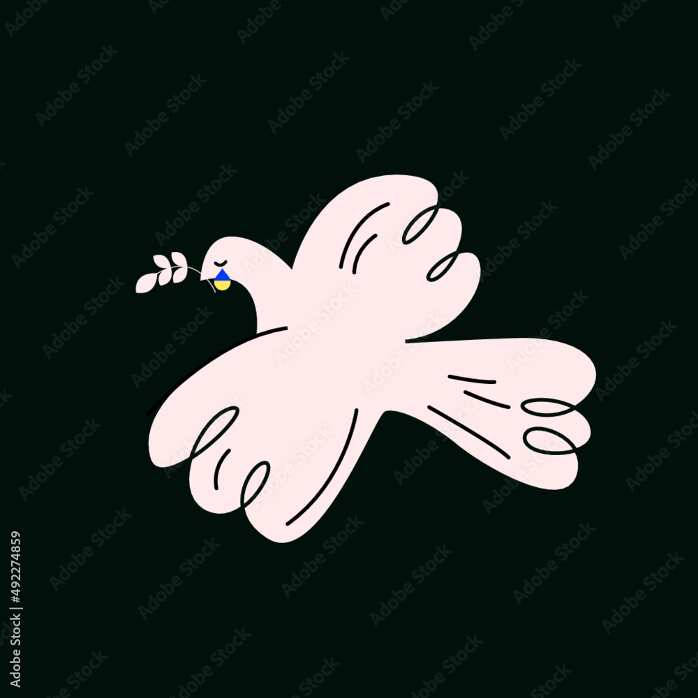 Stop the war in Ukraine. Flying dove of peace. Bird with an olive branch. Conceptual vector flat illustration. Pray for peace Ukraine.