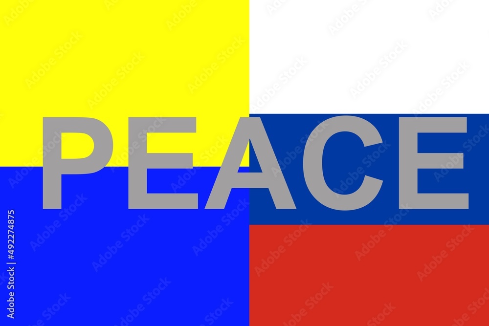 Fahne Ukraine und Russland mit Peace Schrift als Illustration für Versöhnung Fahne Ukraine und Russland mit Peace Schrift als Illustration für Versöhnung