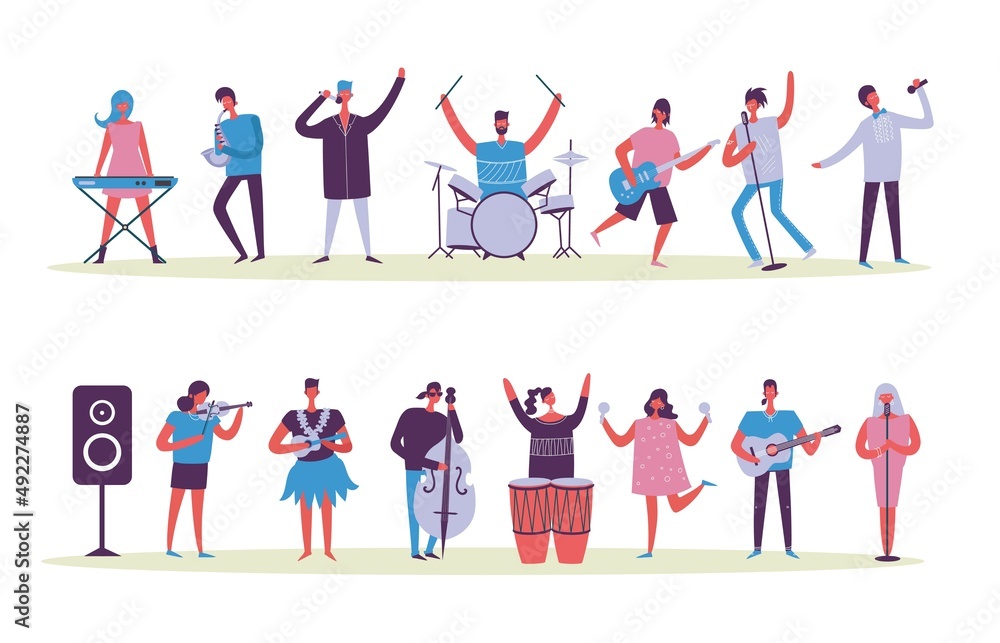 Vector background of group of singing and playing music instrument people