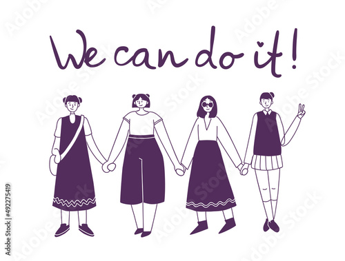 Diverse international and interracial group of standing women. We are stronger together text. For girls power concept, feminine and feminism ideas, woman empowerment cards design.