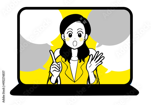 イラスト素材：リモート　女性　スーツ　パソコン