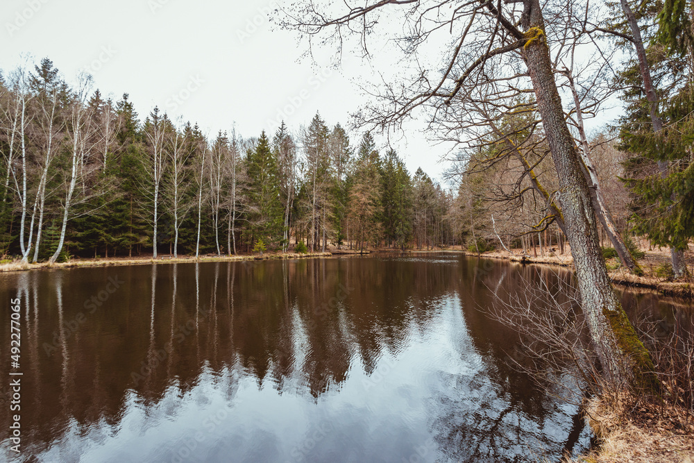 Late autumn landscape. Cloudy weather on lake in czech mountains Late autumn landscape. Cloudy weather on lake in czech mountains