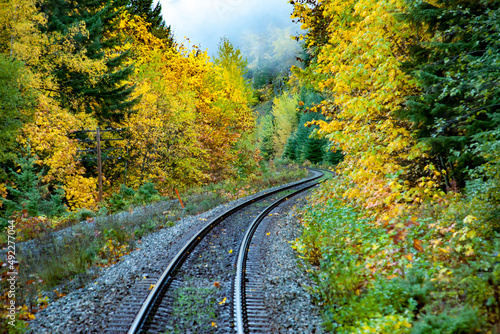 motion blur shot of the Canadian national railway rails winding through autumn color forests in Alberta.