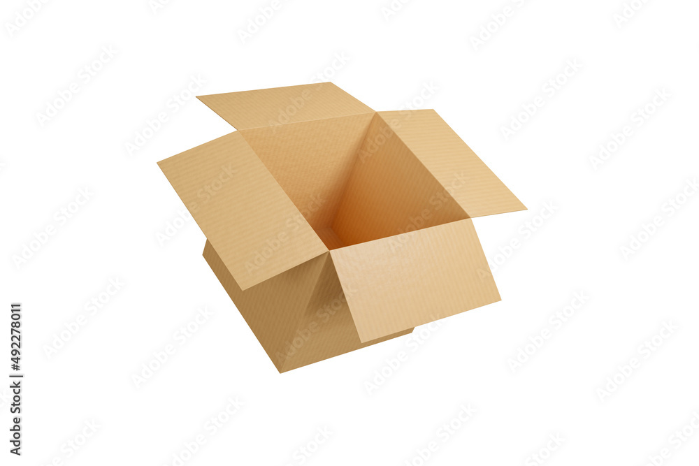 Opened empty brown cardboard box. Mockup template carton box isolated on white background. Delivery concept. 3d render illustration. Opened empty brown cardboard box. Mockup template carton box isolated on white background. Delivery concept. 3d render illustration.