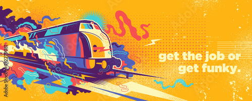 Abstract colorful illustration with retro locomotive and splashing shapes. Vector illustration.