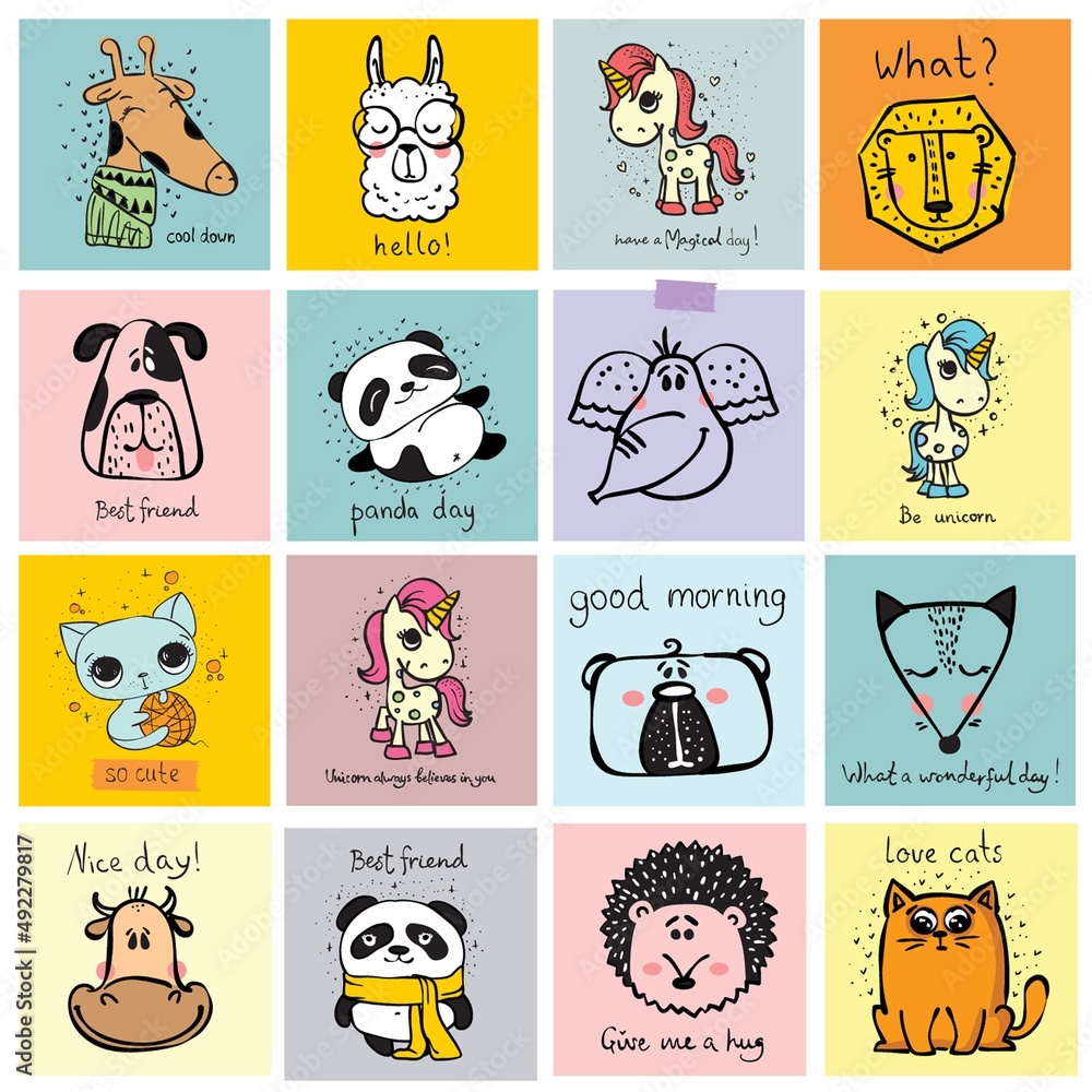 Vector set of cute happy animal faces for kid's interiors, banners and posters. Vector set of cute happy animal faces for kid's interiors, banners and posters.