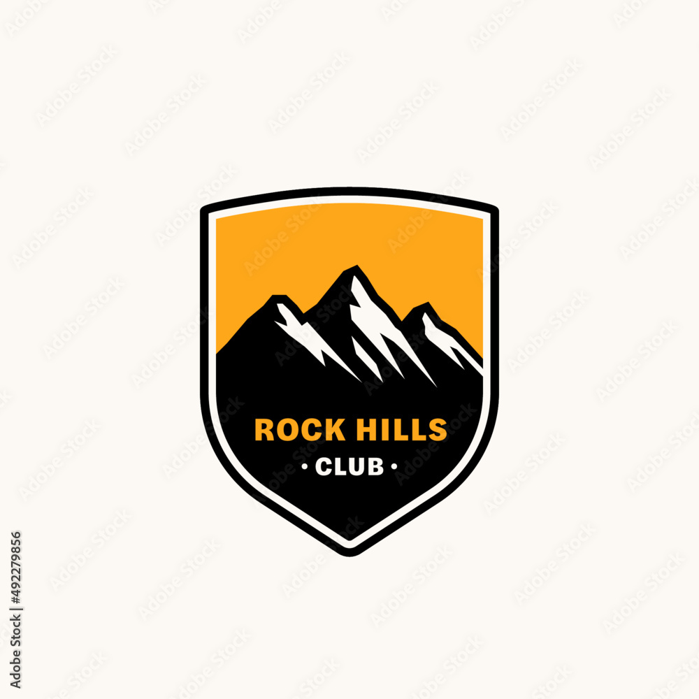 Mountain travel emblem. Outdoor camping adventures emblem, badge and logo patch. Mountain tourism, hiking. Forest camp label in vintage style Mountain travel emblem. Outdoor camping adventures emblem, badge and logo patch. Mountain tourism, hiking. Forest camp label in vintage style