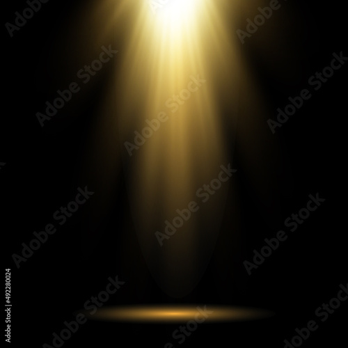 Bright spotlight light, sun beams of light isolated on black background