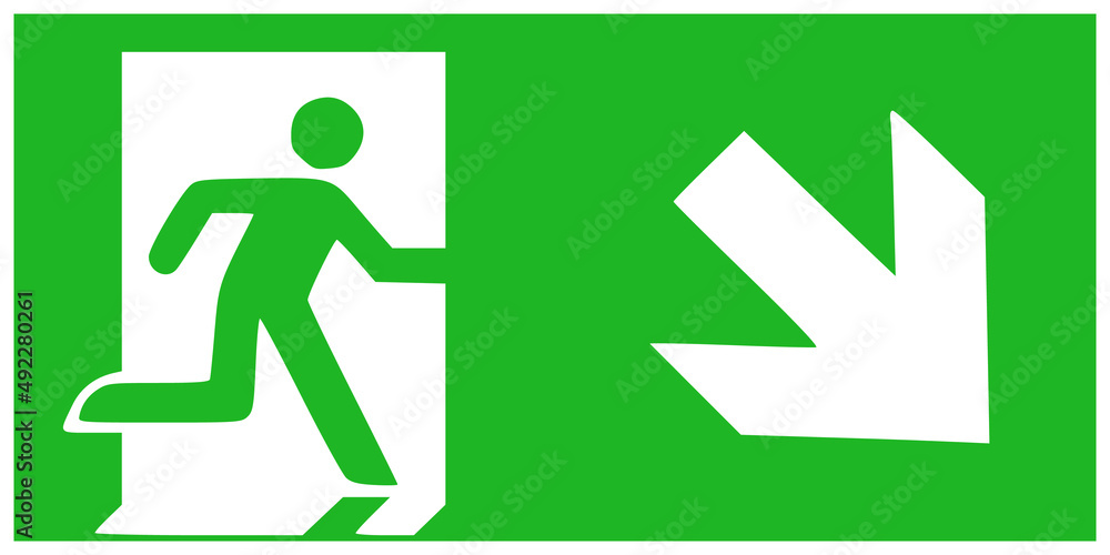 ISO 7010 E002 + Arrow: Emergency Exit sign with greeen symbols on white ground and arrow. ISO 7010 E002 + Arrow: Emergency Exit sign with greeen symbols on white ground and arrow.