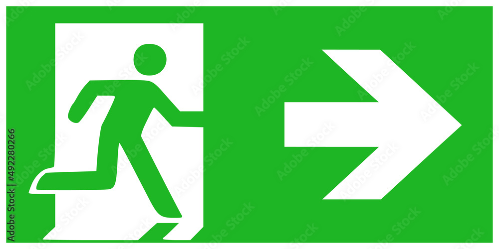 ISO 7010 E002 + Arrow: Emergency Exit sign with greeen symbols on white ground and arrow.
