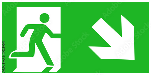 ISO 7010 E002 + Arrow: Emergency Exit sign with greeen symbols on white ground and arrow.