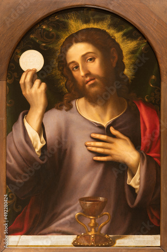 VALENCIA, SPAIN - FEBRUAR 14, 2022: The painting  of Eucharistic Jesus in the...