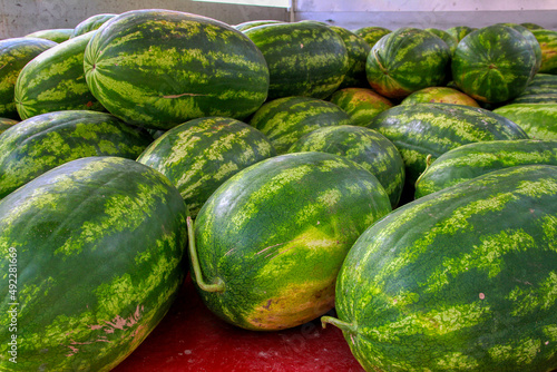 Freshly harvested watermelons transported on a truck. Fresh summer fruit