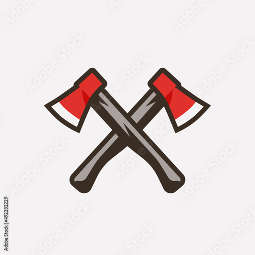 Axes with red head vector illustration. Cartoon hatchet design for emblem, print, label, badge and sticker. photo