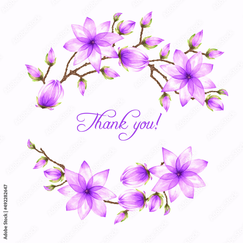 A watercolor illustration of half-round elements with a floral magnolia motif and a writing “Thank you!” on a light background A watercolor illustration of half-round elements with a floral magnolia motif and a writing “Thank you!” on a light background