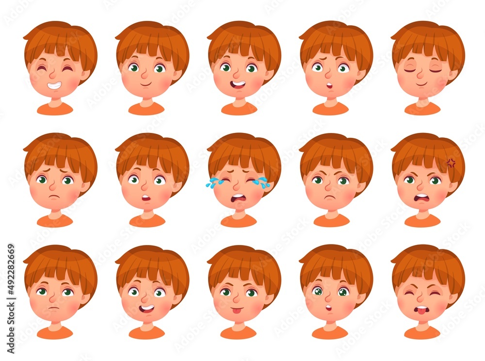 Cartoon boy face emotions and feelings. Cute kid character facial expressions, happy, sad, angry, question, surprise and bored. Kindergarten child avatar emoticon vector set Cartoon boy face emotions and feelings. Cute kid character facial expressions, happy, sad, angry, question, surprise and bored. Kindergarten child avatar emoticon vector set