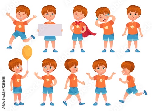 Cartoon boy character in various poses, gestures and expression, standing, walking and running. Kindergarten kid crying, jumping, holding banner and waving hand vector set