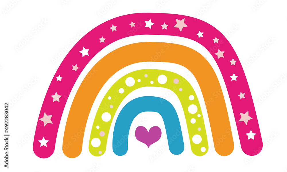 Moderner Regenbogen mit Sternen, Herz und Punkten