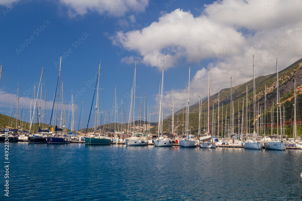 beautiful harbour view with the boats in Kas marina of Turkey. Blue sky and turquoise sea