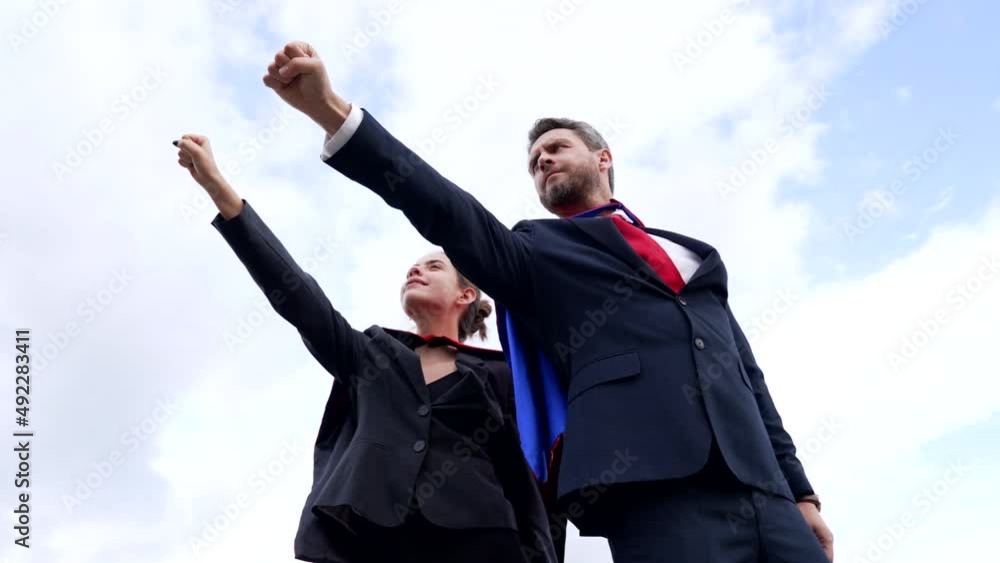 businesspeople in superhero suit good business partners on sky background, partnership businesspeople in superhero suit good business partners on sky background, partnership