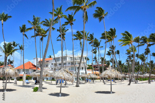 Punta Cana, Dominican Republic - White sand beach with palm trees and thatched sun umbrellas, Caribbean coast © Grazyna Nowicka