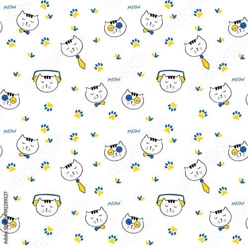 Ukrainian symbolic endless pattern with cute domestic animal. Cats paws pattern on white background.