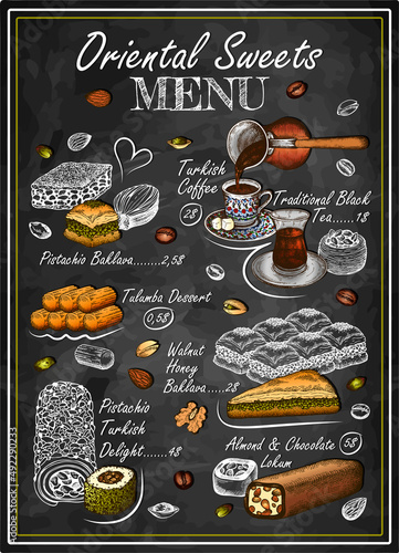 Chalk drawing Oriental Sweets menu on blackboard. Line art Turkish coffee, black tea, pistachio baklava, almond, chocolate Turkish delight, baked dessert. Arabian food and drink. Vector illustration.