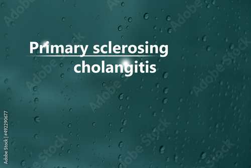 Medical banner "Primary sclerosing cholangitis" on blue background with drops and large copy space for text or checklist.