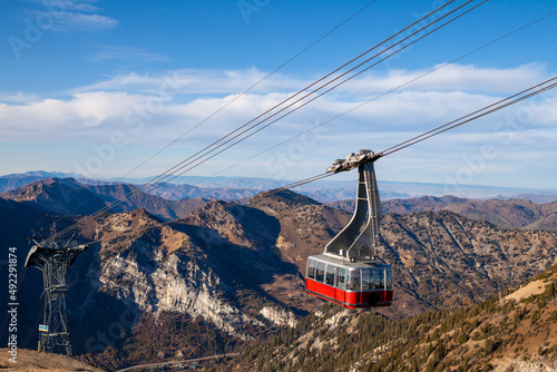 A Red gondola in the Wasatch Mountains east of Salt Lake City