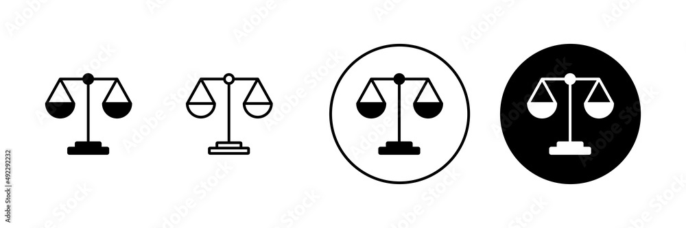 Scales icons set. Law scale icon. Justice sign and symbol Scales icons set. Law scale icon. Justice sign and symbol