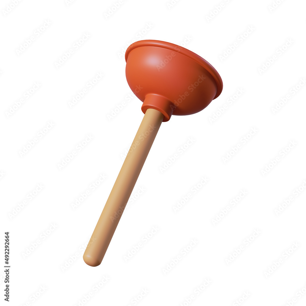 3d render, cartoon plunger. Professional plumber tool. Toilet cleaning equipment icon, clip art isolated on white background
