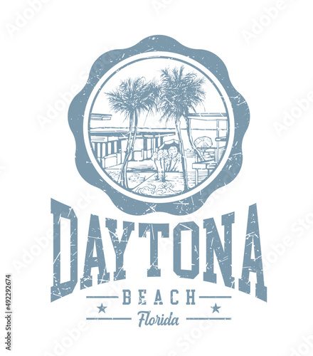 daytona beach florida in varsity style print design with a beach scene illustration