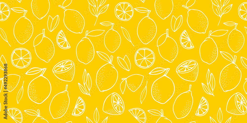 Fototapeta Yellow lemons with leaves. Citrus for lemonade, vitamins, healthy vegeterian food. Vector seamless pattern isolated on white background. Vivid summer illustration. For printing on paper and fabric.