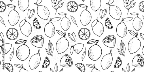 Yellow lemons with leaves. Citrus for lemonade, vitamins, healthy vegeterian food. Vector seamless pattern isolated on white background. Vivid summer illustration. For printing on paper and fabric.