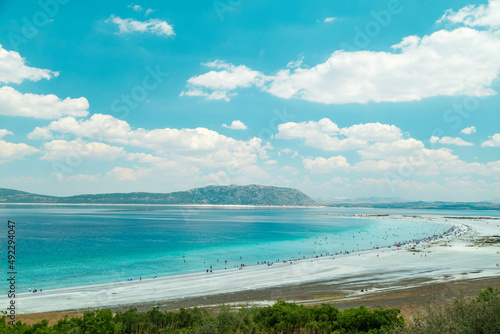 Turquoise lake Salda Turkey. White mineral rich beach. Salda lake with white sand and green water. Burdur Turkey