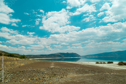 Turquoise lake Salda Turkey. White mineral rich beach. Salda lake with white sand and green water. Burdur Turkey