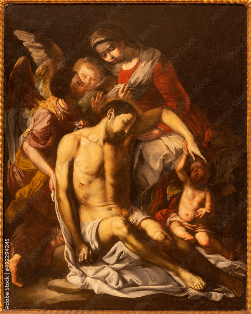 VALENCIA, SPAIN - FEBRUARY 14, 2022: The painting of Pieta in the church Iglesia San Juan del Hospital by Antonio de Bellis (1616 - 1656)