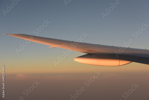 airplane wing with anti-shock bodies reflecting sunset light
