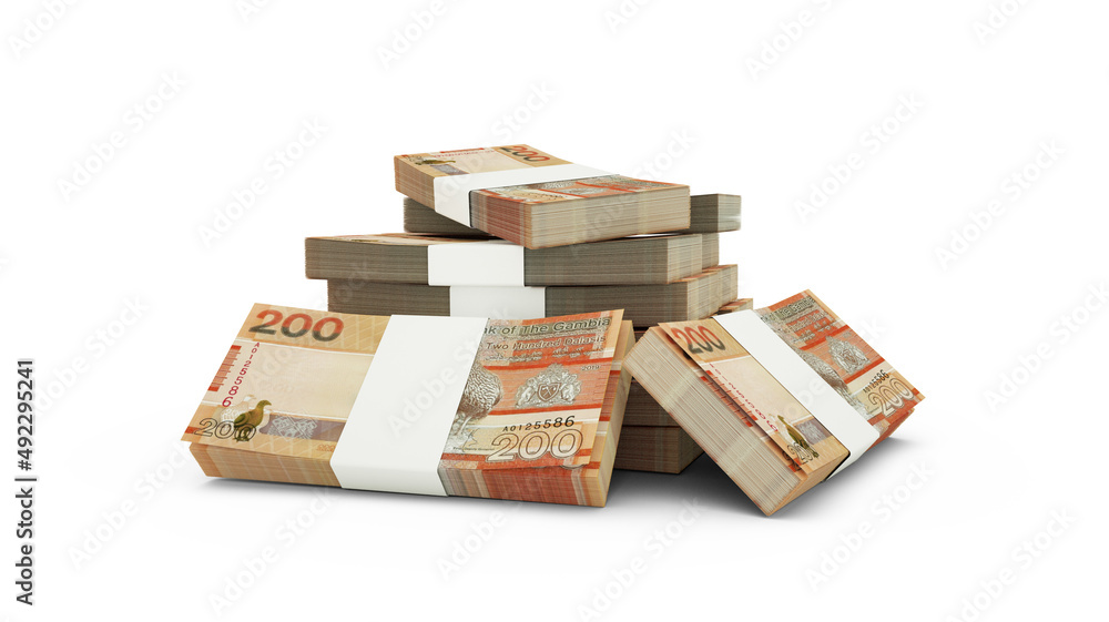 3d rendering of Stack of Gambian dalasi notes. bundles of Gambian currency notes isolated on white background 3d rendering of Stack of Gambian dalasi notes. bundles of Gambian currency notes isolated on white background