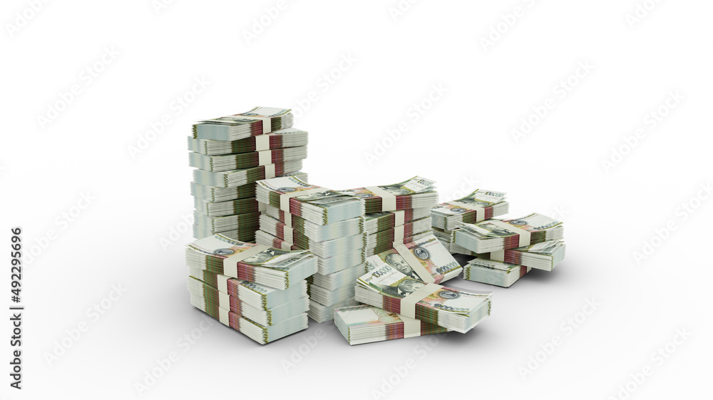 Stack of Laotian kip notes. 3d rendering of bundles of money isolated on white background Stack of Laotian kip notes. 3d rendering of bundles of money isolated on white background