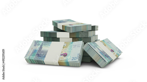 3d rendering of Stack of Kuwaiti dinar notes. bundles of Kuwaiti currency notes isolated on white background photo