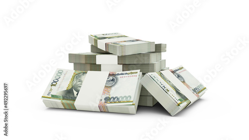 3d rendering of Stack of Laotian kip notes. bundles of Laotian currency notes isolated on white background