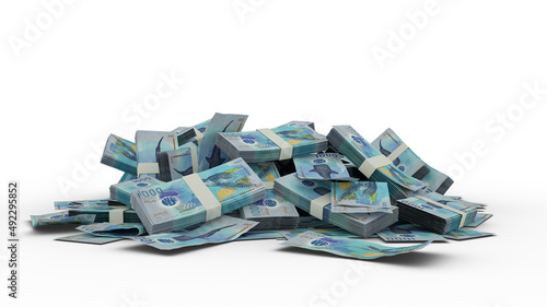 3D Rendering of Stack of Maldivian rufiyaa notes isolated on white background. Bundles of rufiyaa notes photo