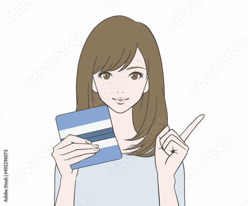 通帳を持ち、人差し指を立てる女性