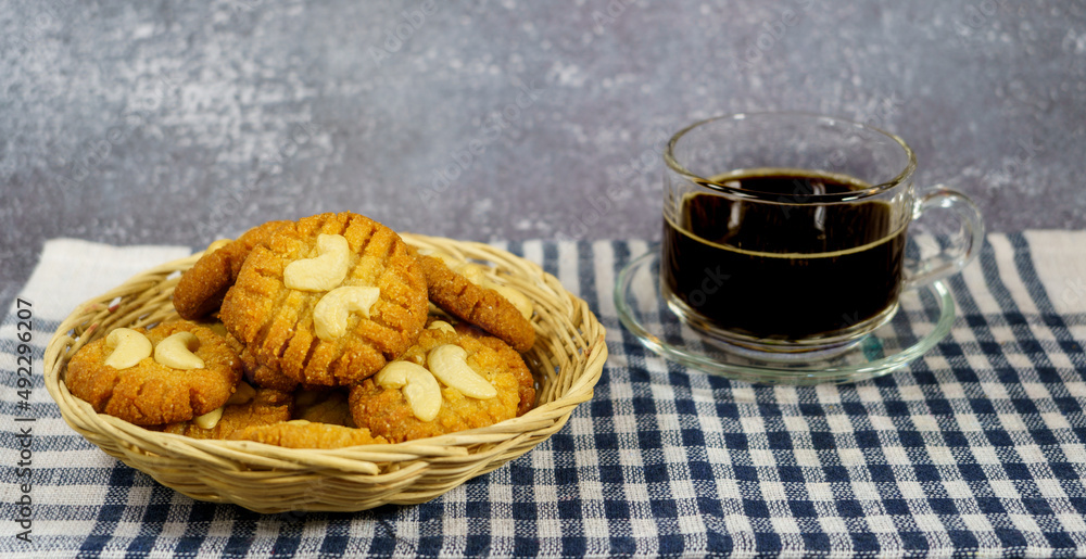 cookies with cashew nuts on the wooden basket,Keto cookies with hot black coffee, ketogenic diet cookies with cashew nuts on the wooden basket,Keto cookies with hot black coffee, ketogenic diet